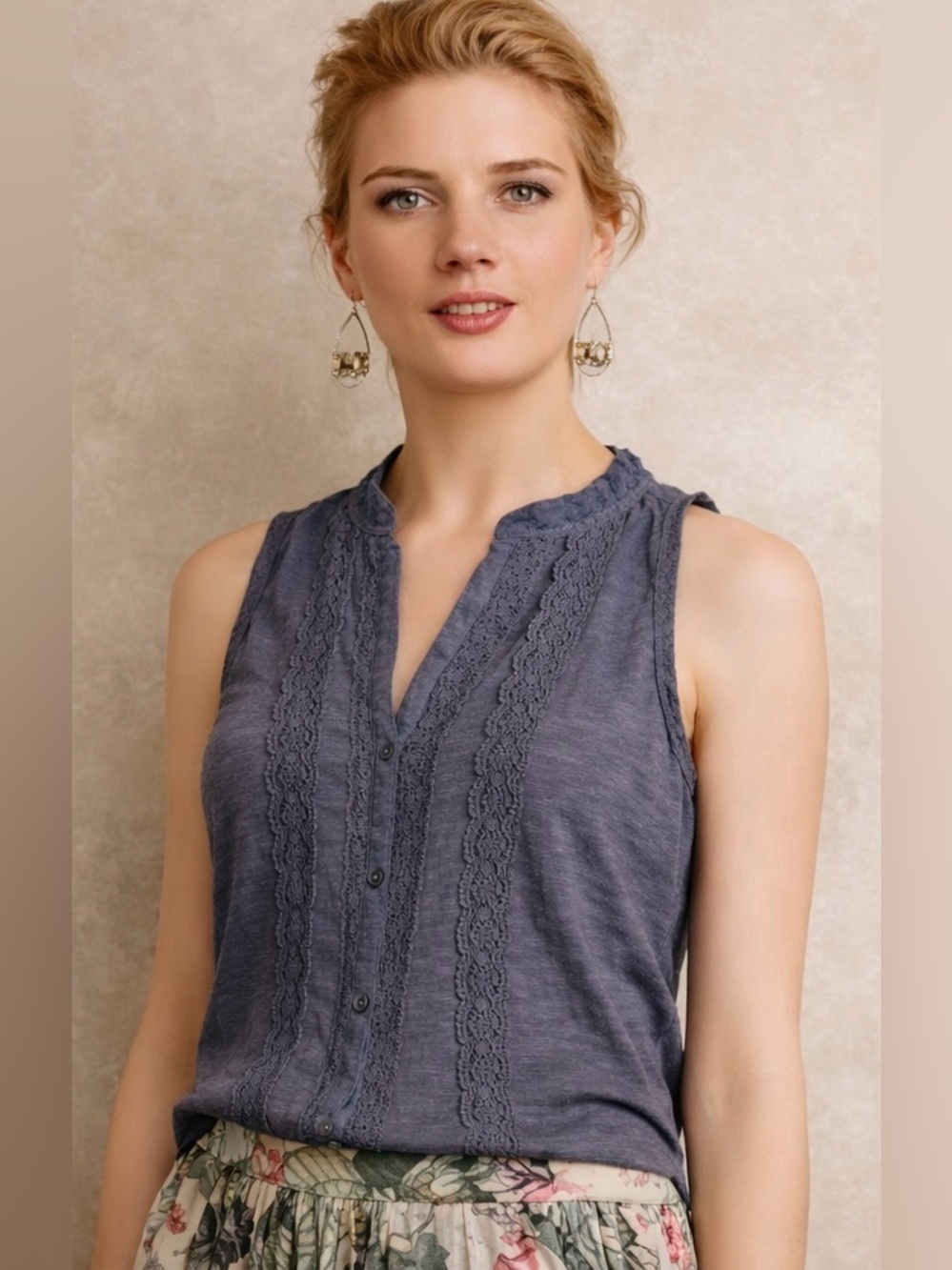 Meadow Rue Anthropologie Gray Sleeveless Crochet Lace Trim Cotton Blouse Top⁠ M
